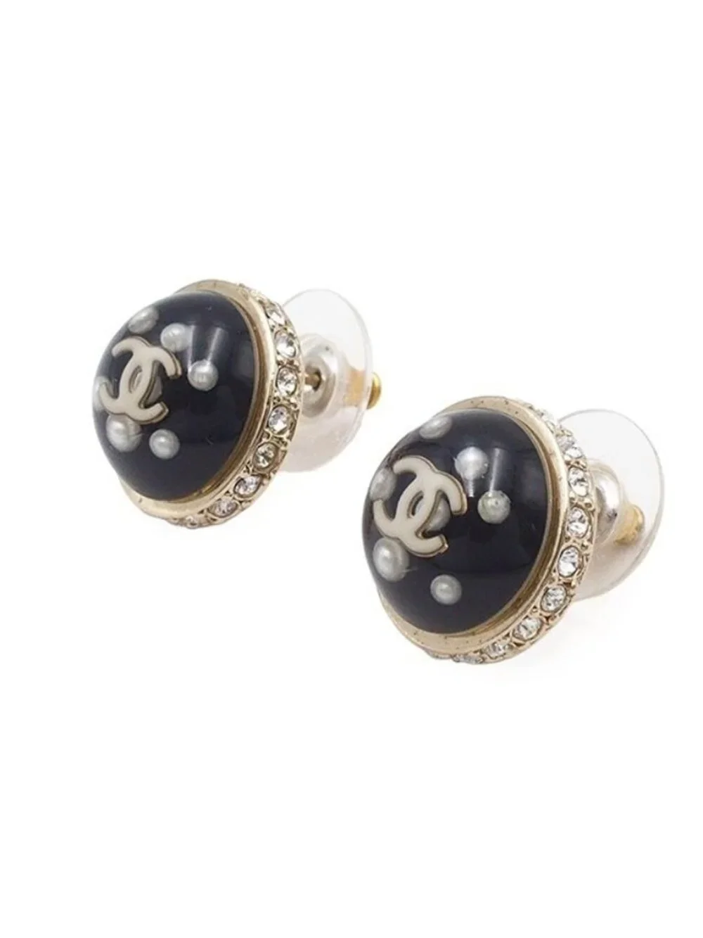 Chanel Earrings Black Gold Metal Costume Pearl Rhinestone CC Logo 10c